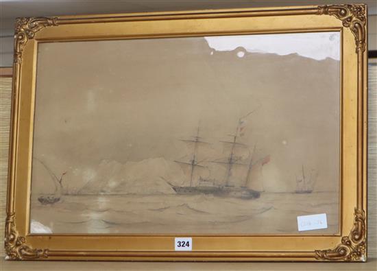 Late 19th century English School, pencil and watercolour, English warship off Gibraltar, label verso, 36 x 57cm